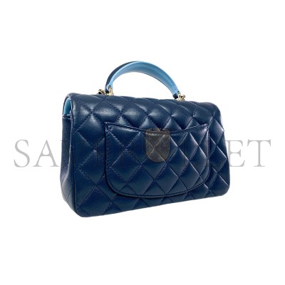 CHANEL MINI TOP HANDLE RECTANGULAR FLAP BAG QUILTED LAMBSKIN NAVY AND LIGHT BLUE 360047 (20*13*6cm)